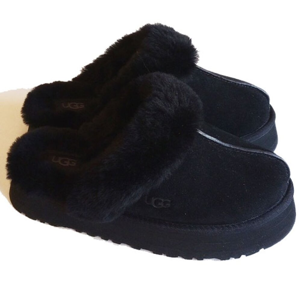 UGG Disquette Suede Shearling Platform Slippers 7 Solid Black